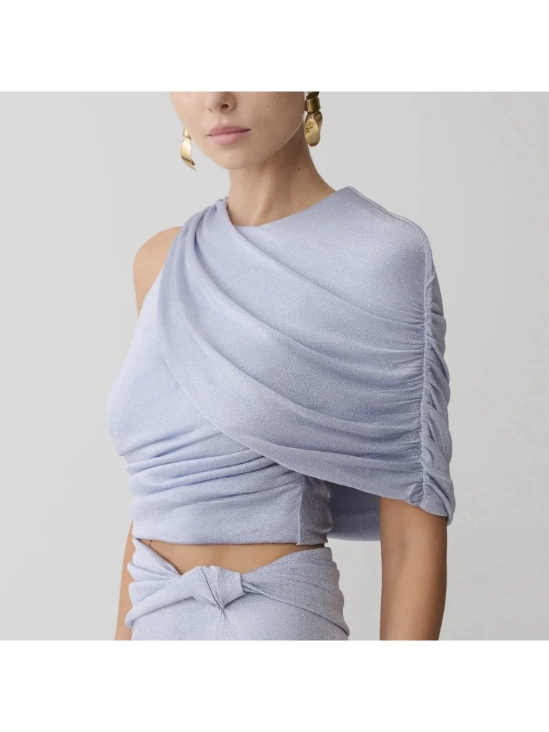 Meshki Pastel Blue Adrienne One Shoulder Lurex Top Asymmetric Shimmer Blouse M